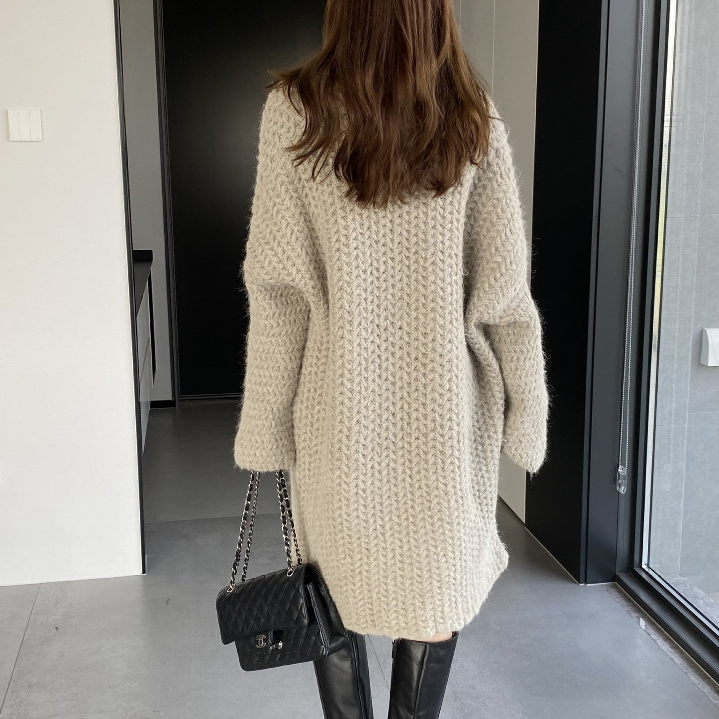 Women Cardigan Sweater Autumn and Winter Loose Pocket Texture Interwoven Long Cardigan Jacket Kc81