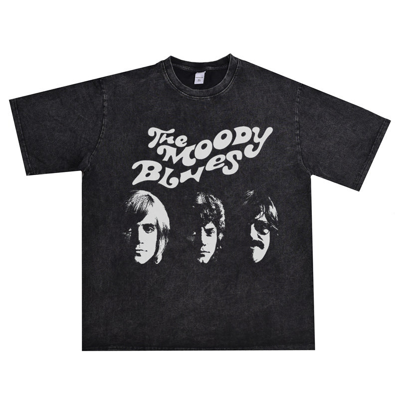 Rock Star T Shirt the Moody Blues Band Washed Distressed T-shirt Short Sleeve round Neck Loose