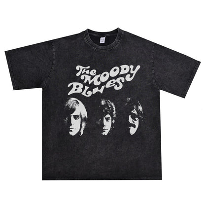 Rock Star T Shirt the Moody Blues Band Washed Distressed T-shirt Short Sleeve round Neck Loose