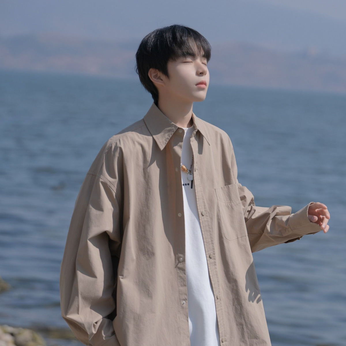 Men Shirts Solid Color Loose Long Sleeves Coat