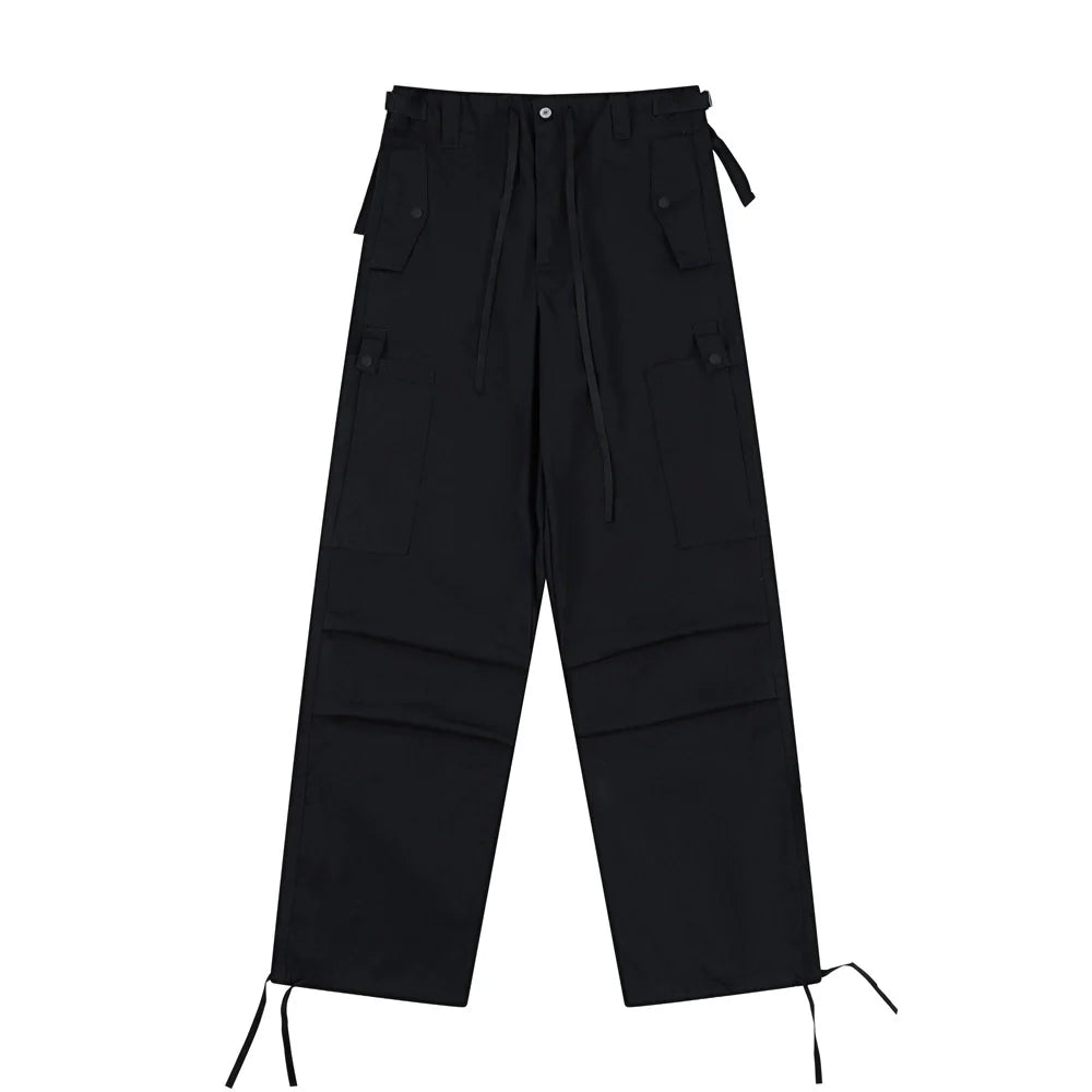 Men Sweatpants Casual Straight Trousers Loose Cargo Pleated Drawstring Ankle Banded Pants