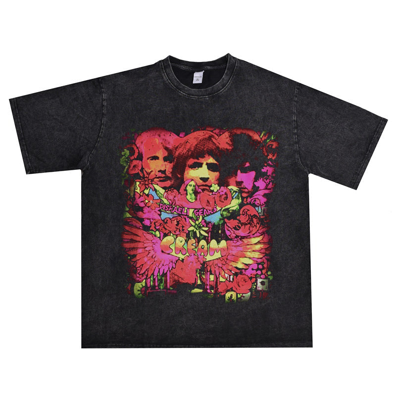 Rock Star T Shirt Cream Band Printed Washed Distressed T-shirt Short Sleeve Loose round Neck Cotton Men and Women