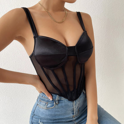 Women Party Tops Sexy Suspenders Mesh Diamond Vest