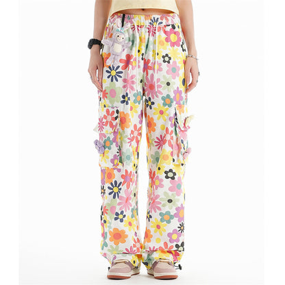 Men Sweatpants Full Printed Floral Corduroy Casual Pants Loose Pockets Tooling Straight-Leg Wide-Leg Pants