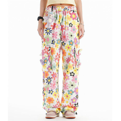 Men Sweatpants Full Printed Floral Corduroy Casual Pants Loose Pockets Tooling Straight-Leg Wide-Leg Pants