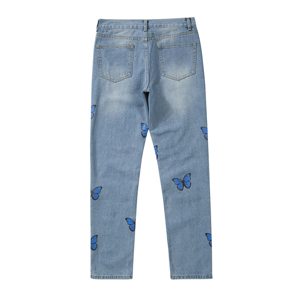 Men Jeans Butterfly Print Loose Trendy Casual