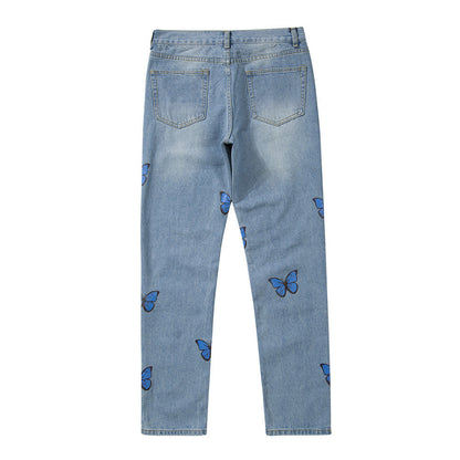 Men Jeans Butterfly Print Loose Trendy Casual