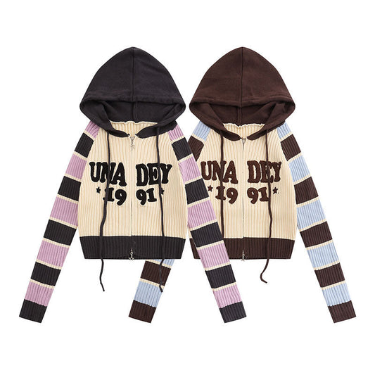 Women Sweater Retro College Style Hooded Slim Fit Knitwear Cardigan Sweater