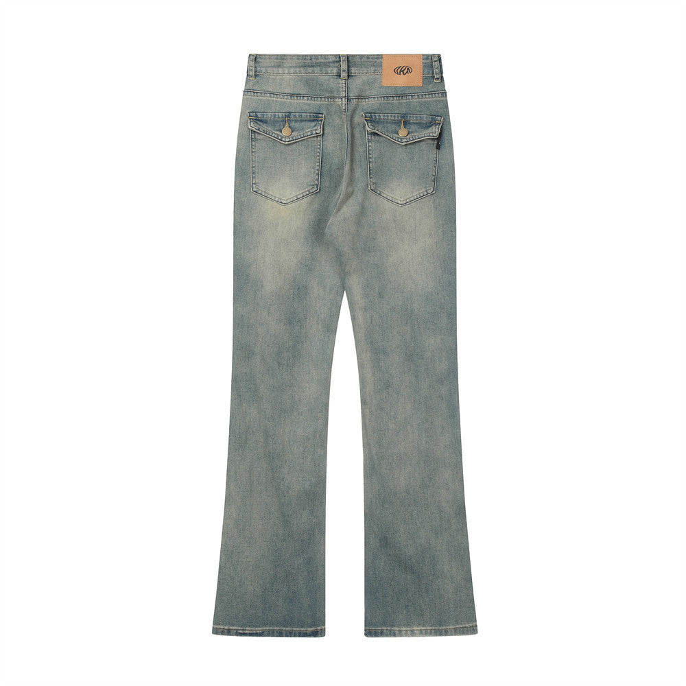 Men Jeans Bell-Bottom Pants Distressed Loose Casual Retro