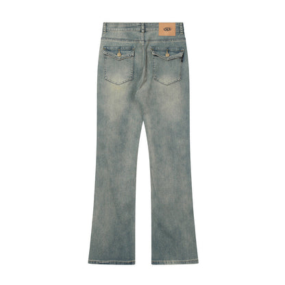 Men Jeans Bell-Bottom Pants Distressed Loose Casual Retro