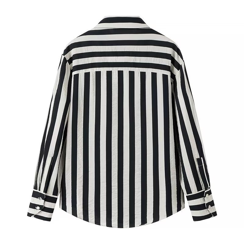 Women Tops Summer Striped Shirt Single-Breasted Mid-Length Top