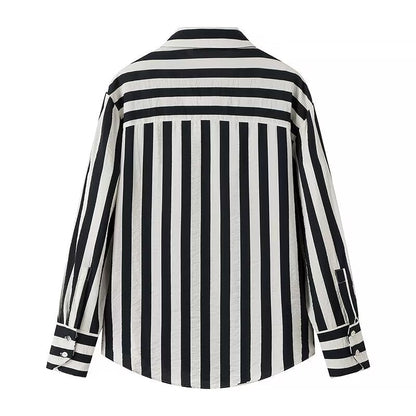 Women Tops Summer Striped Shirt Single-Breasted Mid-Length Top
