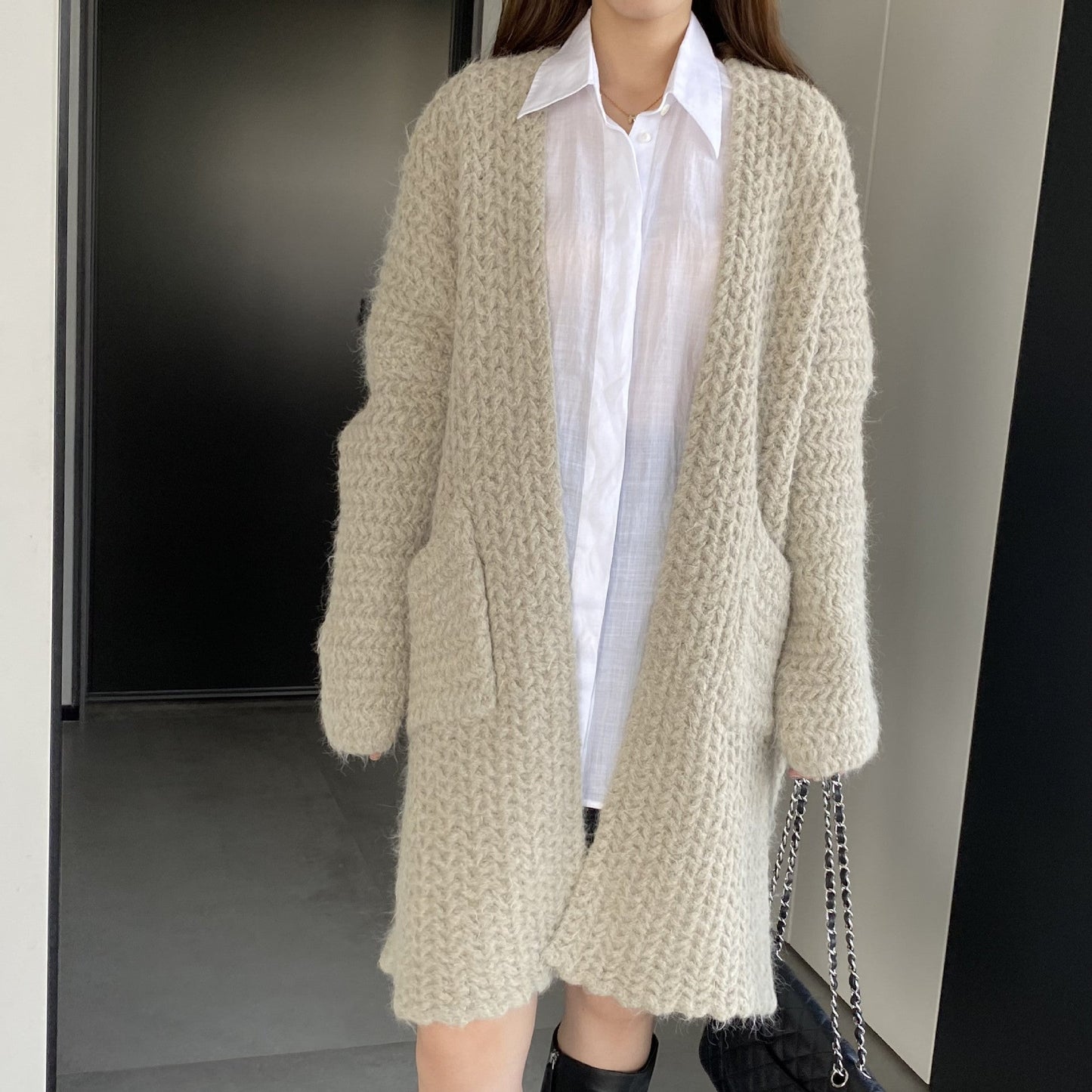 Women Cardigan Sweater Autumn and Winter Loose Pocket Texture Interwoven Long Cardigan Jacket Kc81