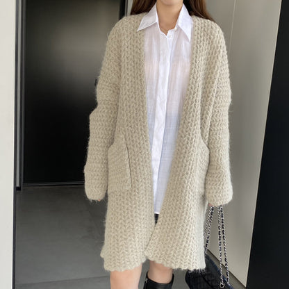 Women Cardigan Sweater Autumn and Winter Loose Pocket Texture Interwoven Long Cardigan Jacket Kc81