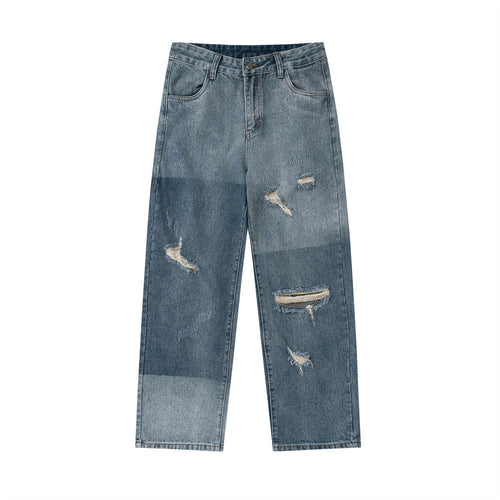 Men Jeans Spray Paint Hole Irregular Wide Leg