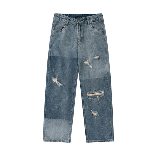 Men Jeans Spray Paint Hole Irregular Wide Leg