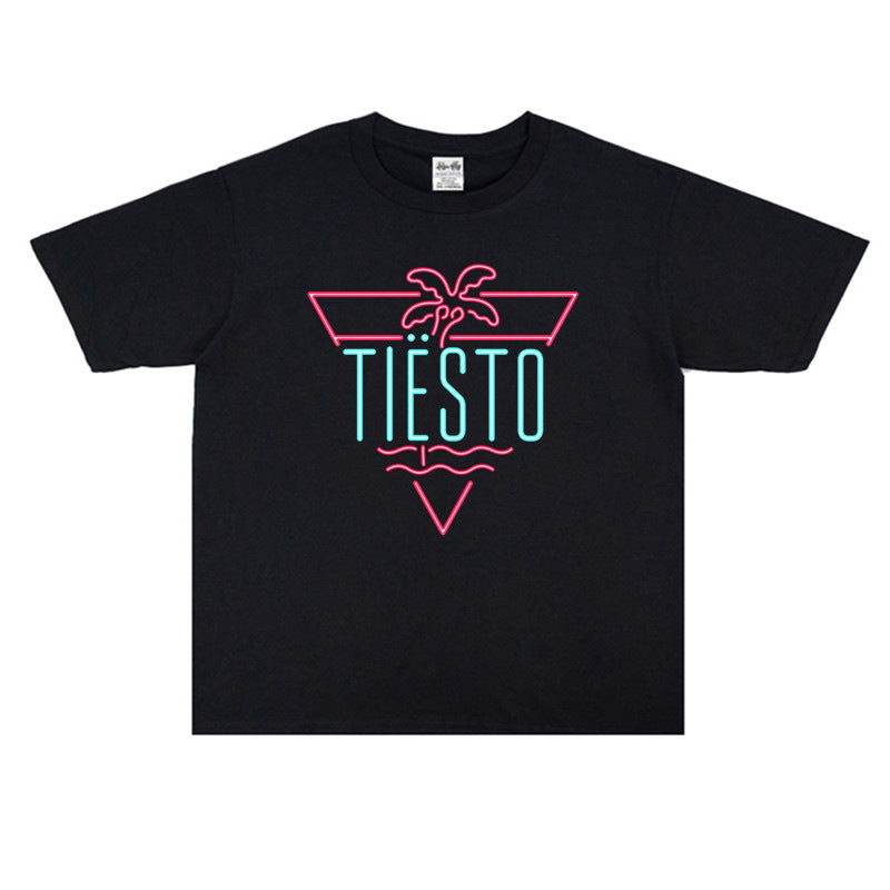 Rock Star T Shirt Tiesto Disc Printing T-shirt Short Sleeve Loose Cotton Crew Neck