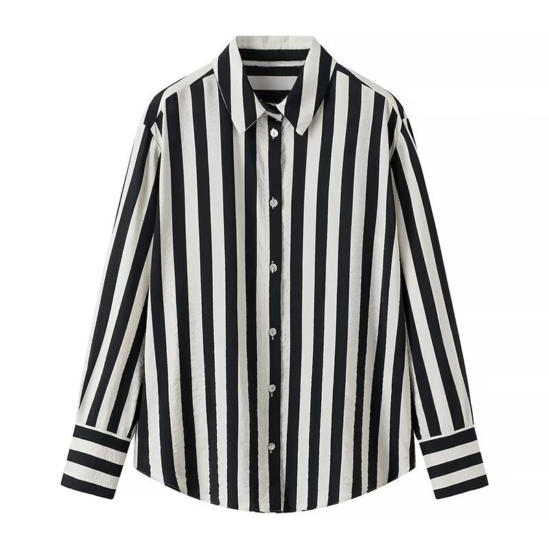 Women Tops Summer Striped Shirt Single-Breasted Mid-Length Top