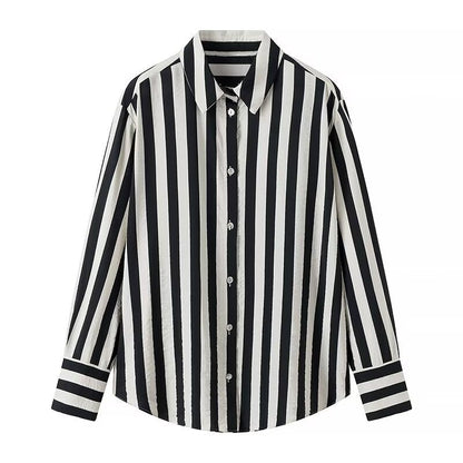 Women Tops Summer Striped Shirt Single-Breasted Mid-Length Top