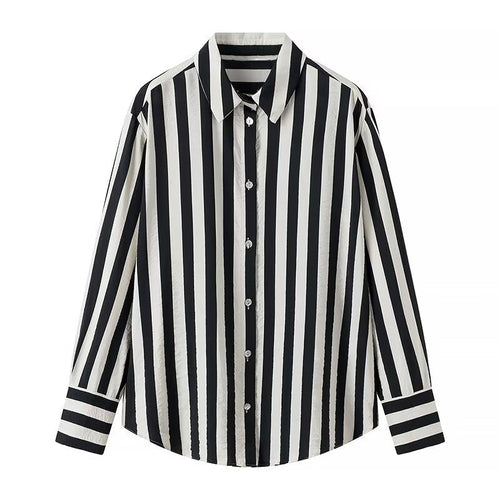 Women Tops Summer Striped Shirt Single-Breasted Mid-Length Top