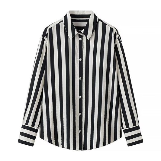 Women Tops Summer Striped Shirt Single-Breasted Mid-Length Top