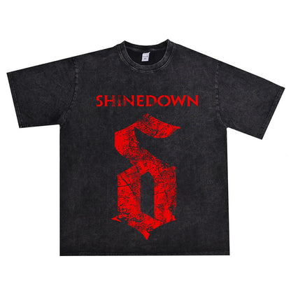 Rock Star T Shirt Falling Band Printed T-shirt Washed Distressed Short Sleeve Loose Cotton Men and Women