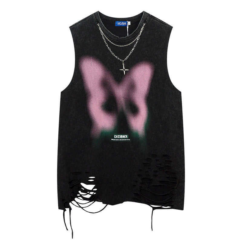 Women Vest Ripped Necklace Sleeveless T-shirt Men's and Women's Punk Vest