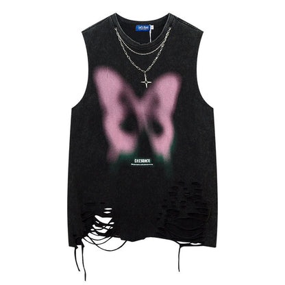 Women Vest Ripped Letter-Printing Necklace Sleeveless T-shirt