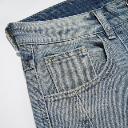Men Jeans White Distressed Stitching Zipper Slit