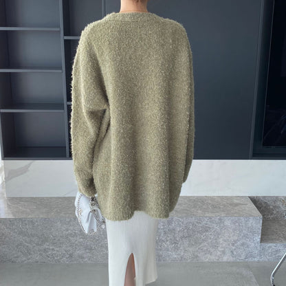 Women Cardigan Sweater V-neck Cardigan Jacket Long-Sleeved Loose Sweater Women's Mid-Length Coat 3t667