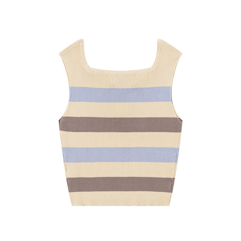 Women Vest Summer Contrast Color Striped Love Heart Openwork Knitted Top