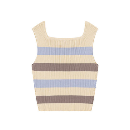 Women Vest Summer Contrast Color Striped Love Heart Openwork Knitted Top