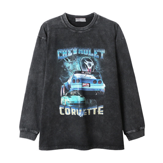 Men Long Sleeve T-Shirt Racing Car Printing Distressed Loose