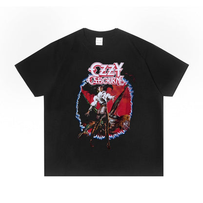 Rock Star T Shirt Singer  Ozzy Osbourne Washed Distressed T-shirt Short Sleeve Loose