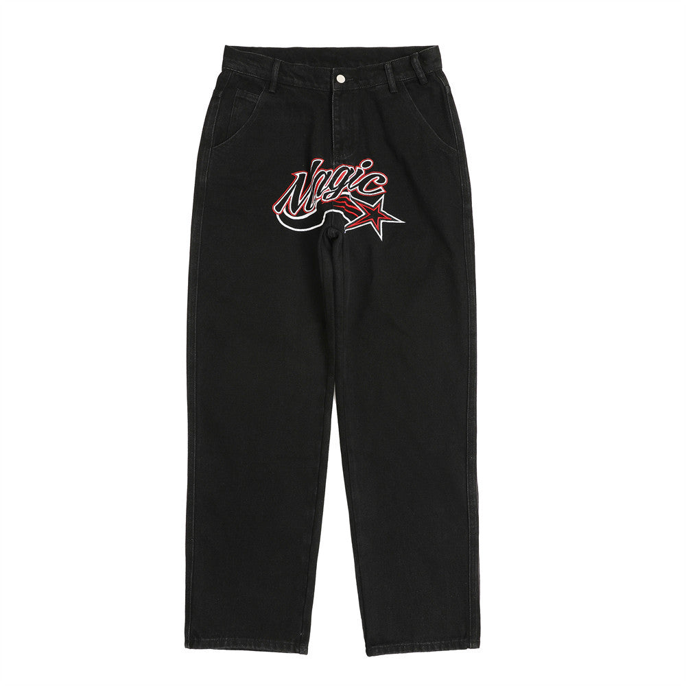 Men Jeans Embroidery Pants Loose Wide Leg Leisure