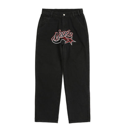 Men Jeans Embroidery Pants Loose Wide Leg Leisure