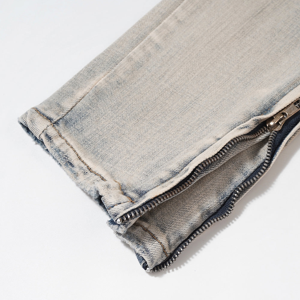Men Jeans Distressed Loose Worn Leg Zipper Decoration