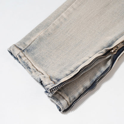 Men Jeans Distressed Loose Worn Leg Zipper Decoration