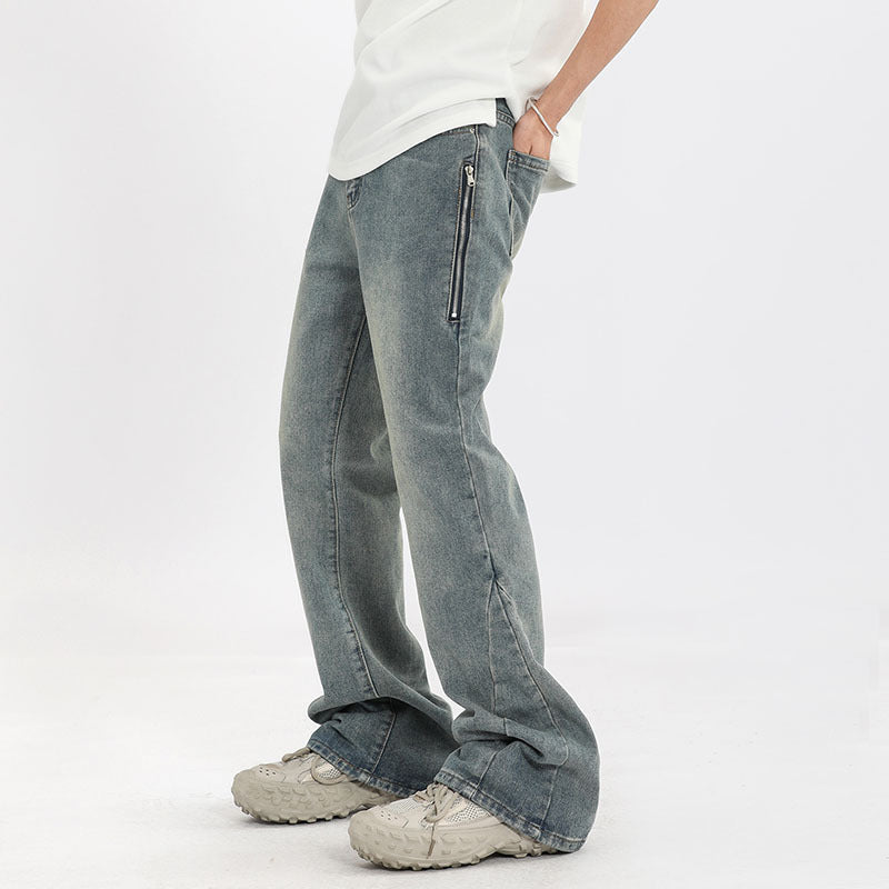 Men Jeans Retro Washed and Worn Ground White Slightly Flared Jeans