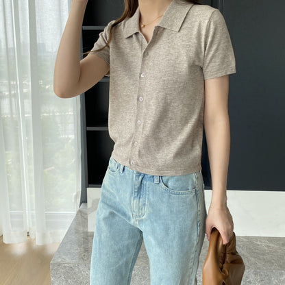 Women Knitted T-shirt Knitted Cardigan Jacket Slim Fit Short Sleeve Polo Collar Top