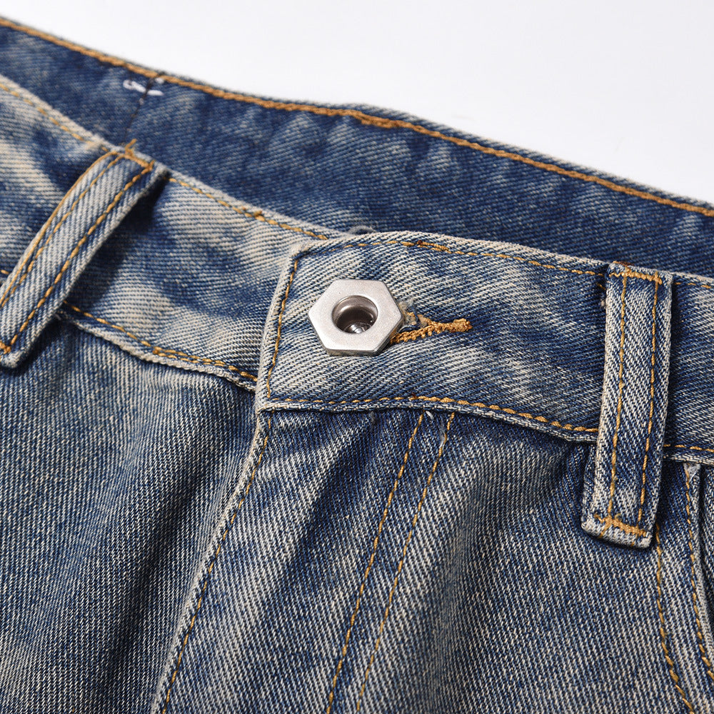 Men Jeans Ripped Distressed Pleated