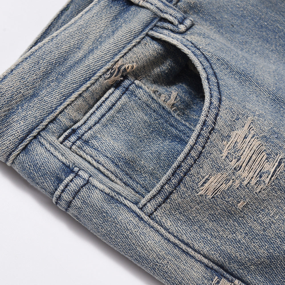 Men Jeans Hole Vintage Washed Loose Burrs Slightly Flared