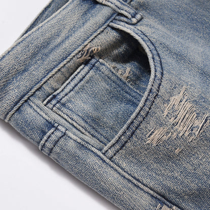 Men Jeans Hole Vintage Washed Loose Burrs Slightly Flared
