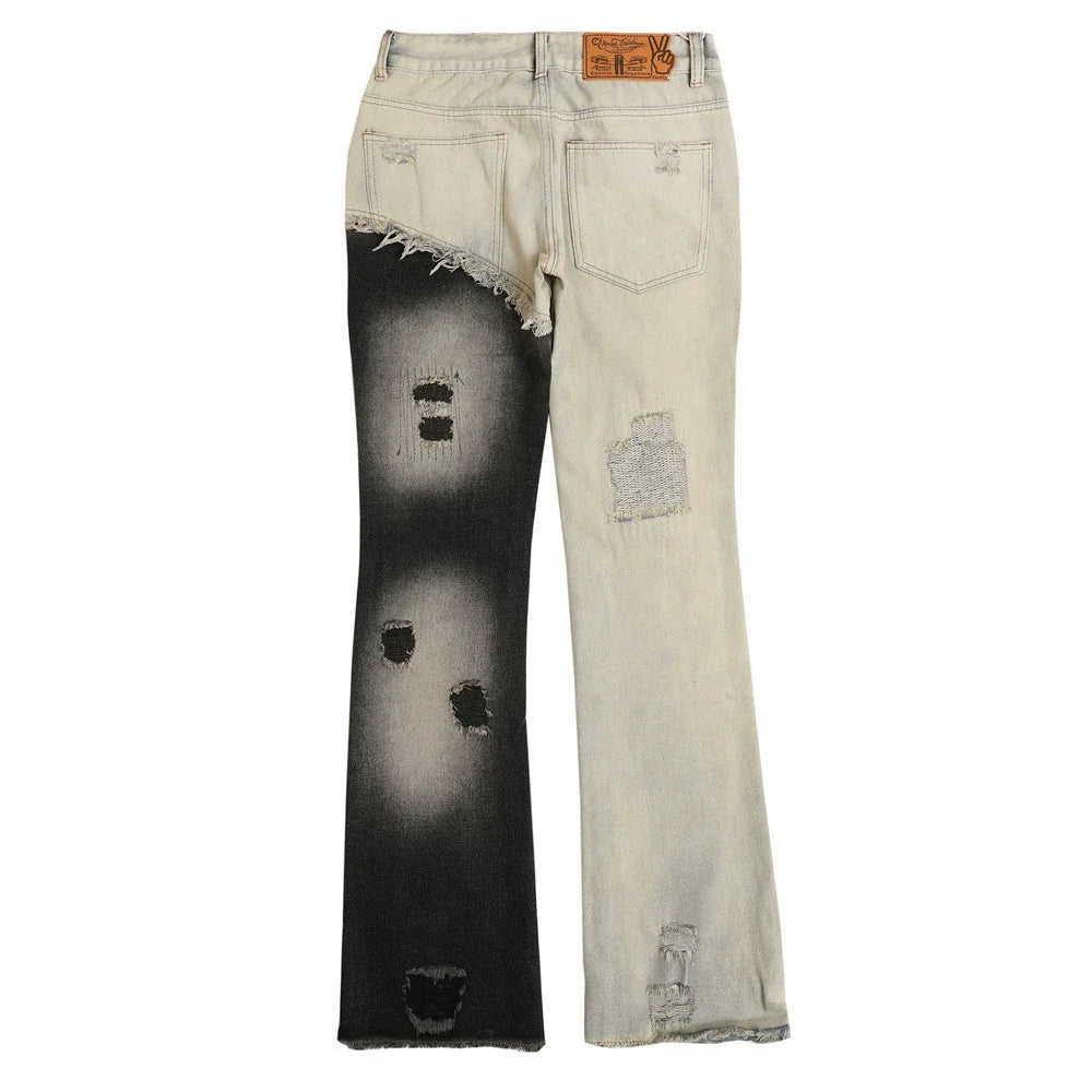 Women Pants Ripped Frayed Color Contrast Patchwork Jeans Trousers