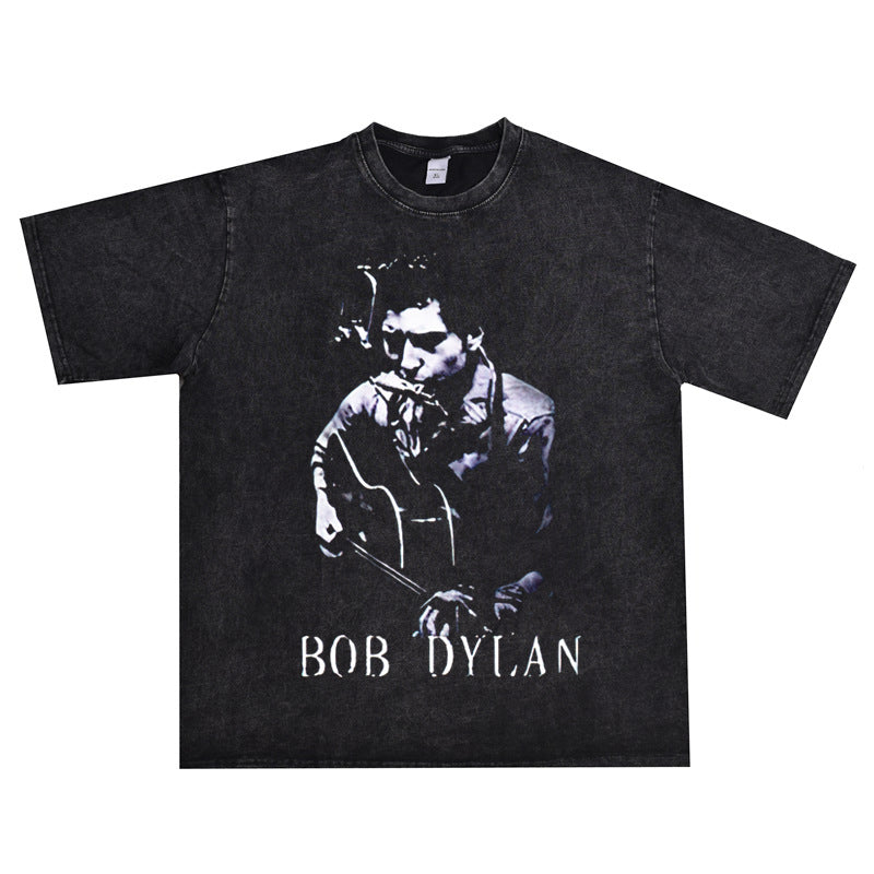 Rock Star T Shirt Bob Dylan Washed Distressed T-shirt Loose Men and Women Casual Short Sleeve Cotton