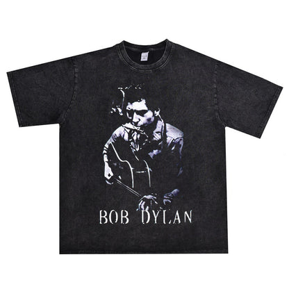 Rock Star T Shirt Bob Dylan Washed Distressed T-shirt Loose Men and Women Casual Short Sleeve Cotton