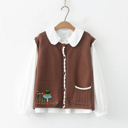 Women Knitted Cardigan Spring Knitted Embroidered Single Breasted Vest Jacket