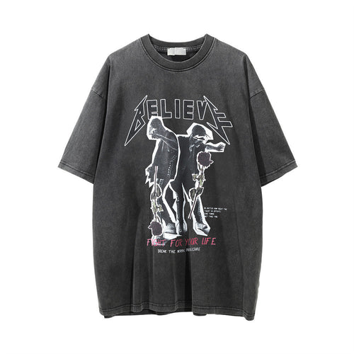 Men Vintage T-Shirt T-shirt Men's Loose Distressed Wash Crew Neck T-shirt Casual