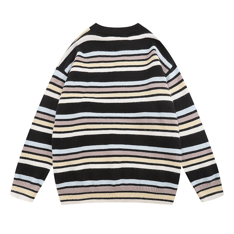 Women Sweater Striped Embroidered Knitted Top Versatile Loose