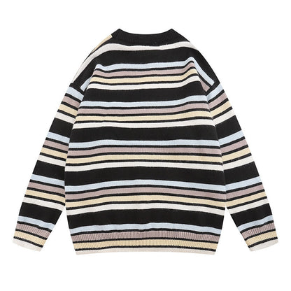 Women Sweater Striped Embroidered Knitted Top Versatile Loose